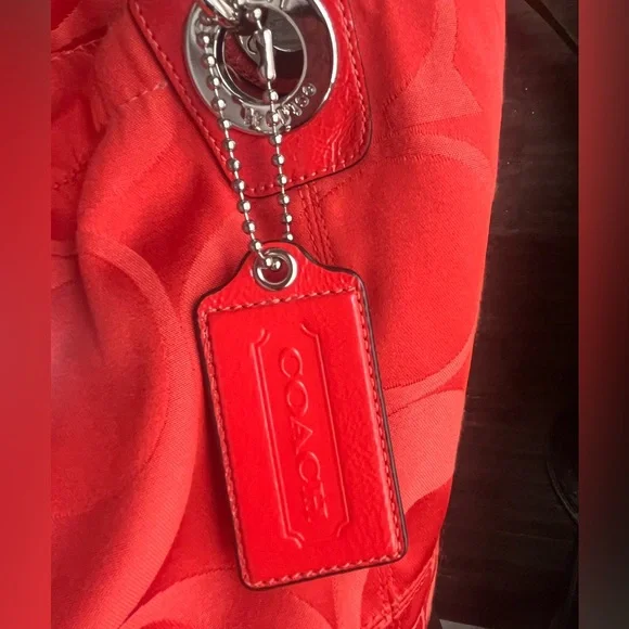 Coach Crimson Orange Signature Nylon ToteBag Leather Trim/Hangtag + Dust Bag 12” - Picture 11 of 16